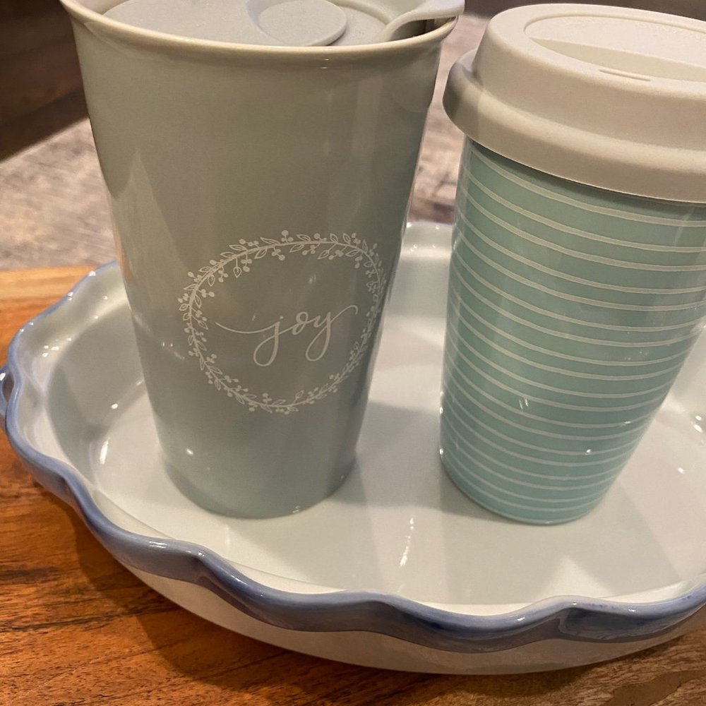 A Beautiful Pkg of 2 Travel Coffee Mugs & Platter